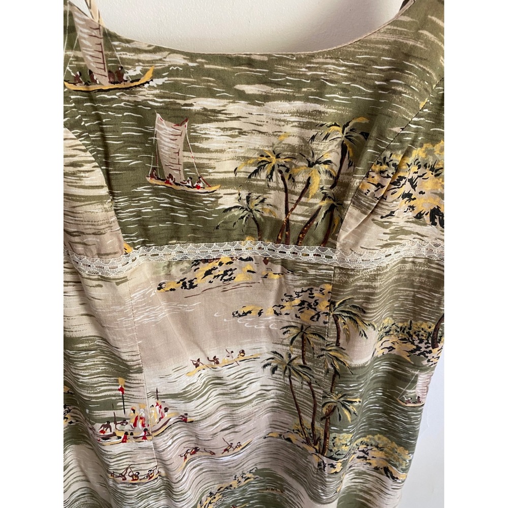 Vintage No Boundaries Tropical Scene Mini Dress Cotton Green Flax Junior Med 7/9 - Picture 2 of 6